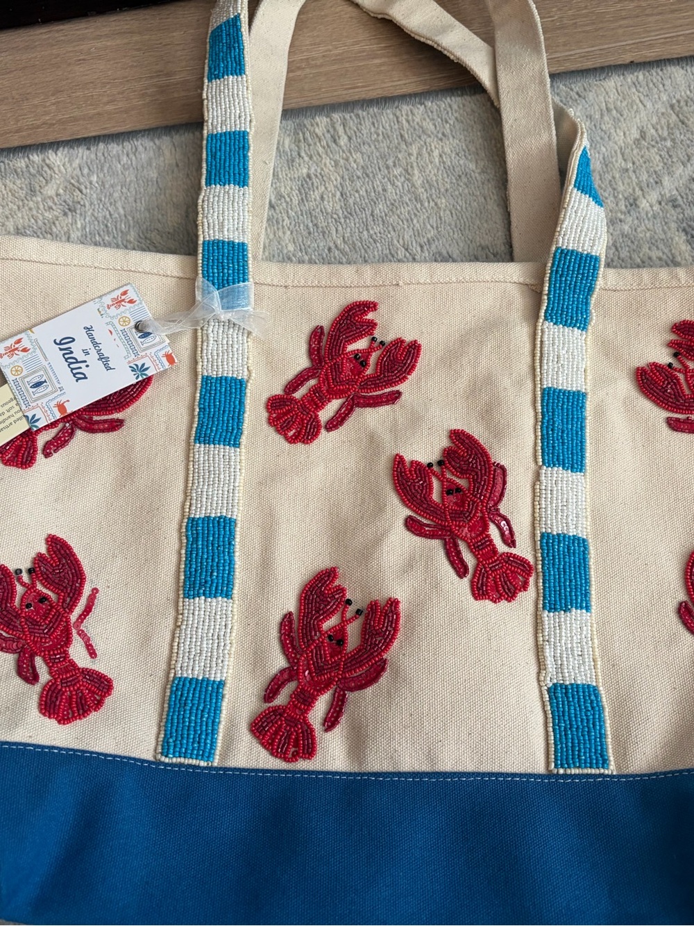 NWT Hand Beaded Lobster Canvas Tote Bag Coastal Beach Bag